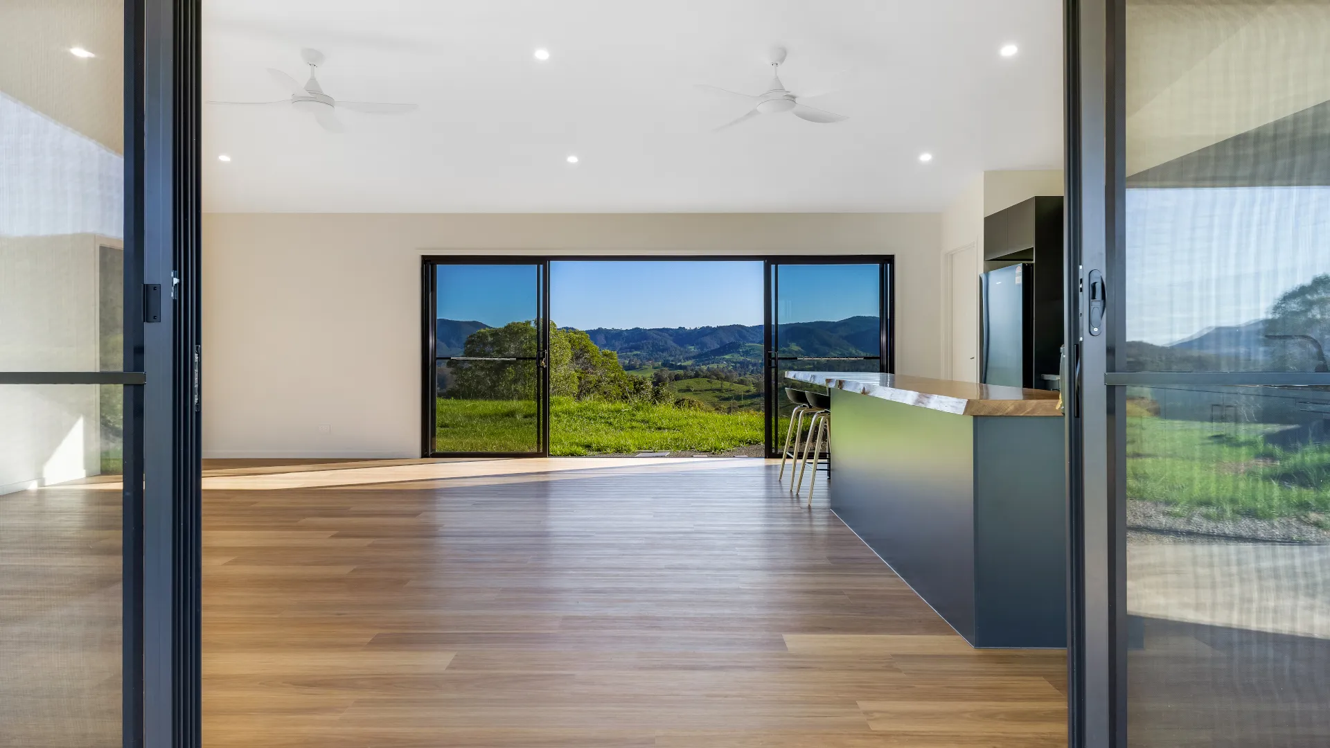 Open-plan modern home overlooking the green hills of the Sunshine Coast Hinterland